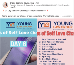 Shane Jasmine Young, Esq. 21 Day Self Love Challenge Post